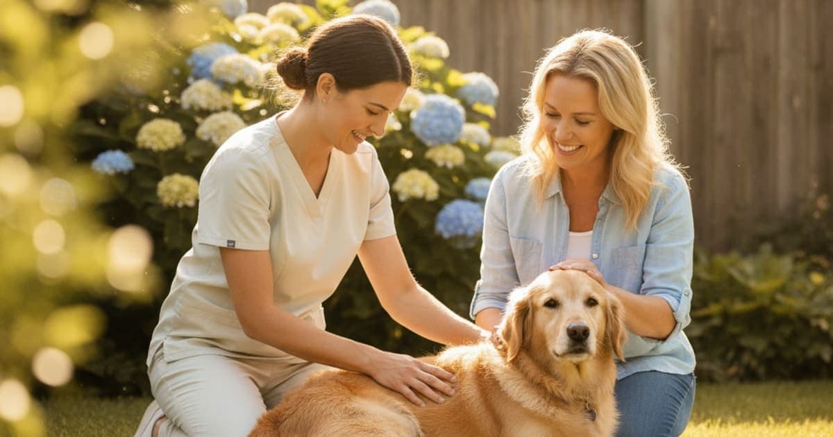 A dog being cared for at home, illustrating how is muscle tear diagnosed in dogs? (exam to imaging)