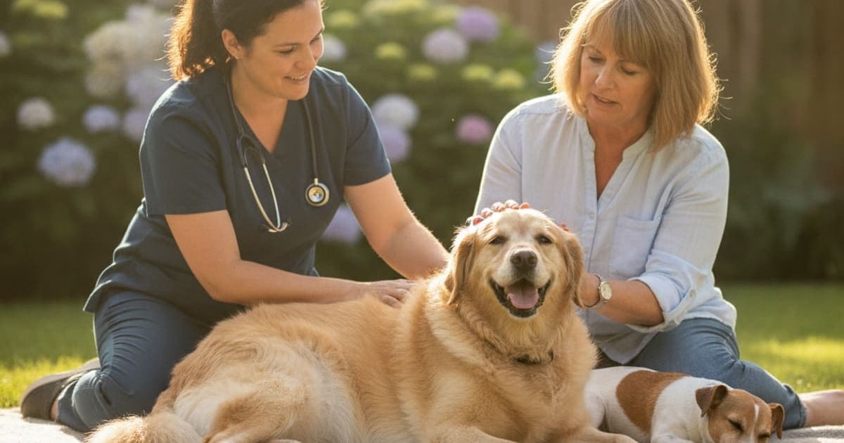 A dog being cared for at home, illustrating how is obesity joint strain diagnosed in dogs? (exam steps)
