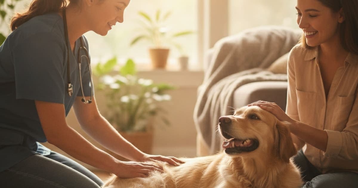 A dog being cared for at home, illustrating how is sprained leg diagnosed in dogs? (vet exam steps)