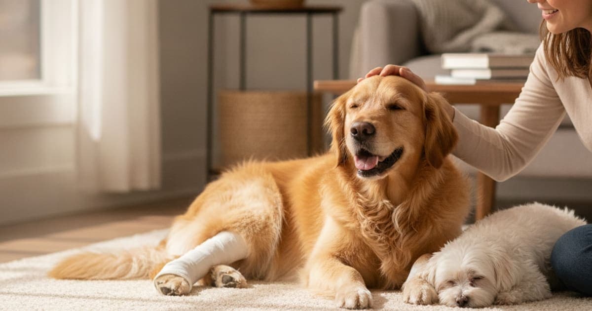 A dog being cared for at home, illustrating how long does achilles tendon injury take to heal in dogs