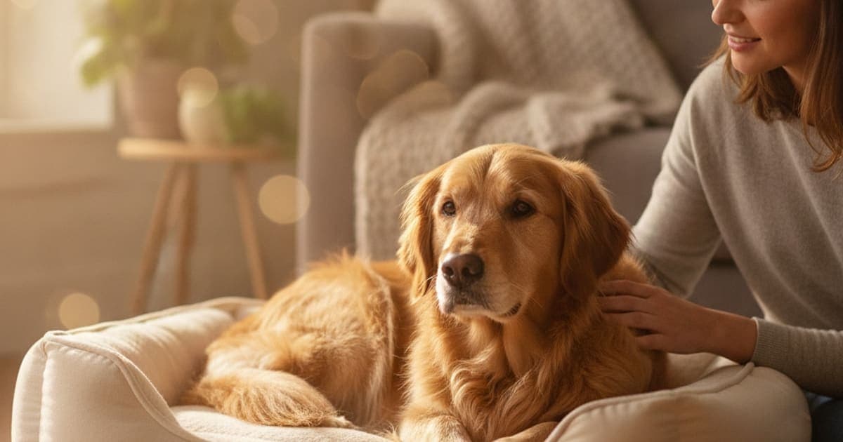 A dog being cared for at home, illustrating how long does bursitis take to heal in dogs? (timeline)