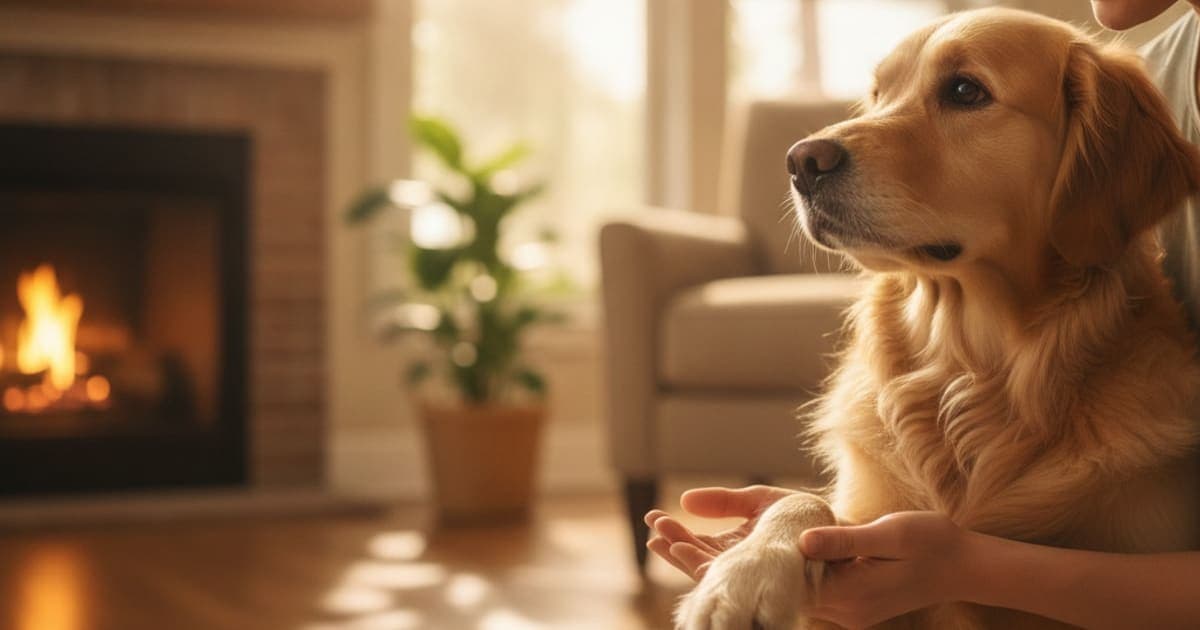 A dog being cared for at home, illustrating how long does carpal hyperextension take to heal in dogs