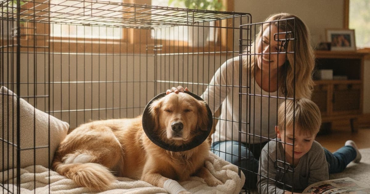 A dog being cared for at home, illustrating how long does crate rest take in dogs? (recovery timeline)