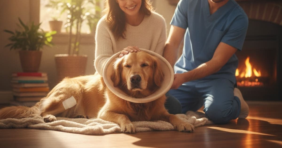 A dog being cared for at home, illustrating how long does cruciate surgery recovery take in dogs