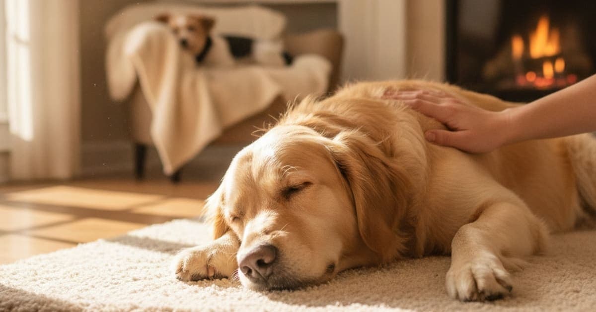 A dog being cared for at home, illustrating how long does elbow arthritis take to heal in dogs