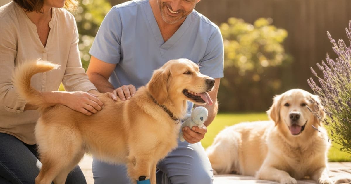 A dog being cared for at home, illustrating how long does growth plate injury take to heal in dogs