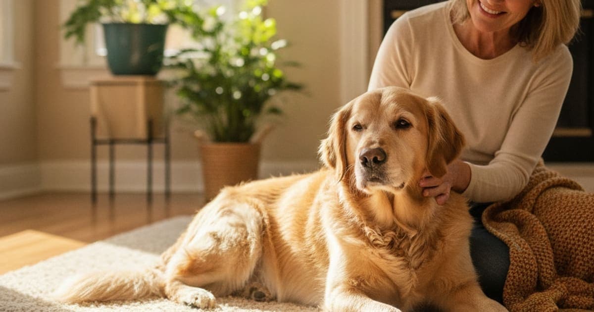 A dog being cared for at home, illustrating how long does hip arthritis take to heal in dogs