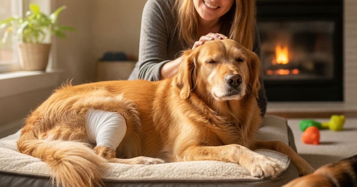 A dog being cared for at home, illustrating how long does a hock injury take to heal in dogs? (timeline)