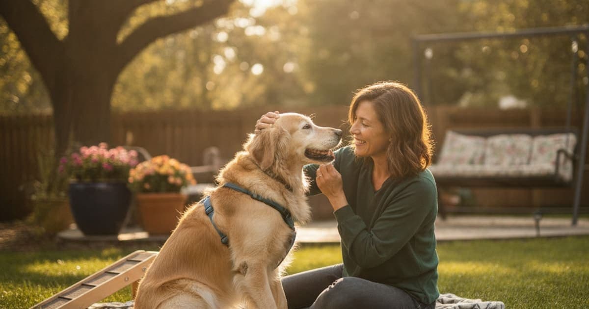 A dog being cared for at home, illustrating how long does lumbosacral stenosis take to heal in dogs