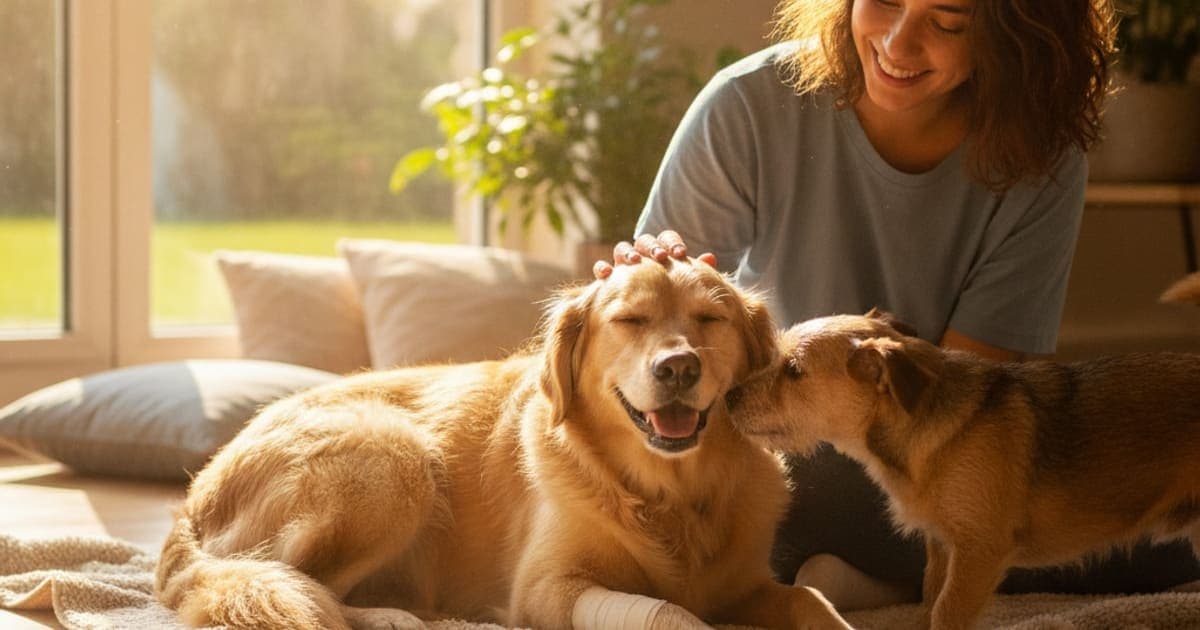 A dog being cared for at home, illustrating how long does luxating patella take to heal in dogs