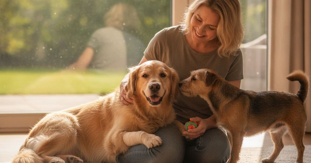 A dog being cared for at home, illustrating how long does a meniscus tear take to heal in dogs