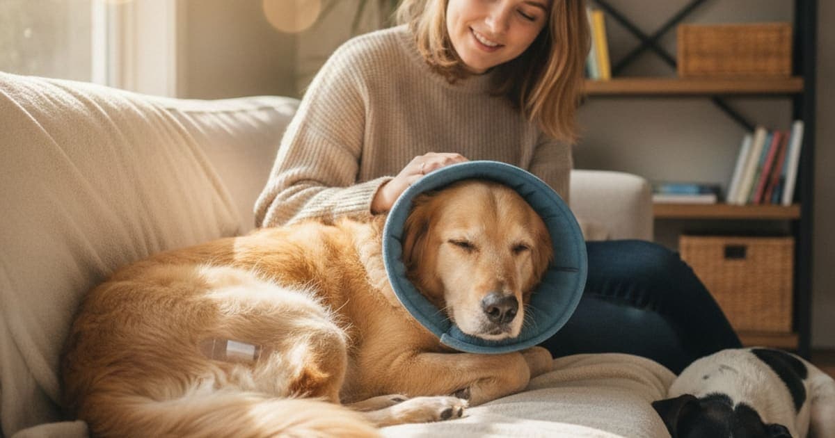A dog being cared for at home, illustrating how long does neuter recovery take to heal in dogs