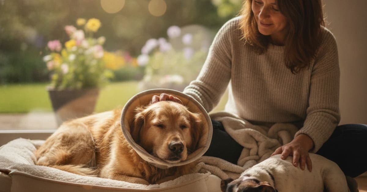 A dog being cared for at home, illustrating how long does post-surgical recovery take in dogs