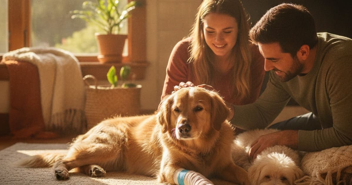 A dog being cared for at home, illustrating how long does a sesamoid fracture take to heal in dogs