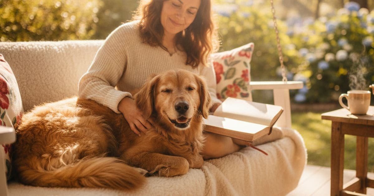 A dog being cared for at home, illustrating how long does soft tissue injury take to heal in dogs