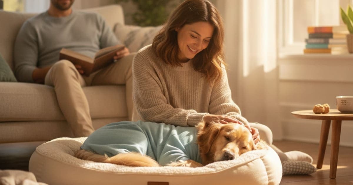 A dog being cared for at home, illustrating how long does spay recovery take in dogs? (timeline)