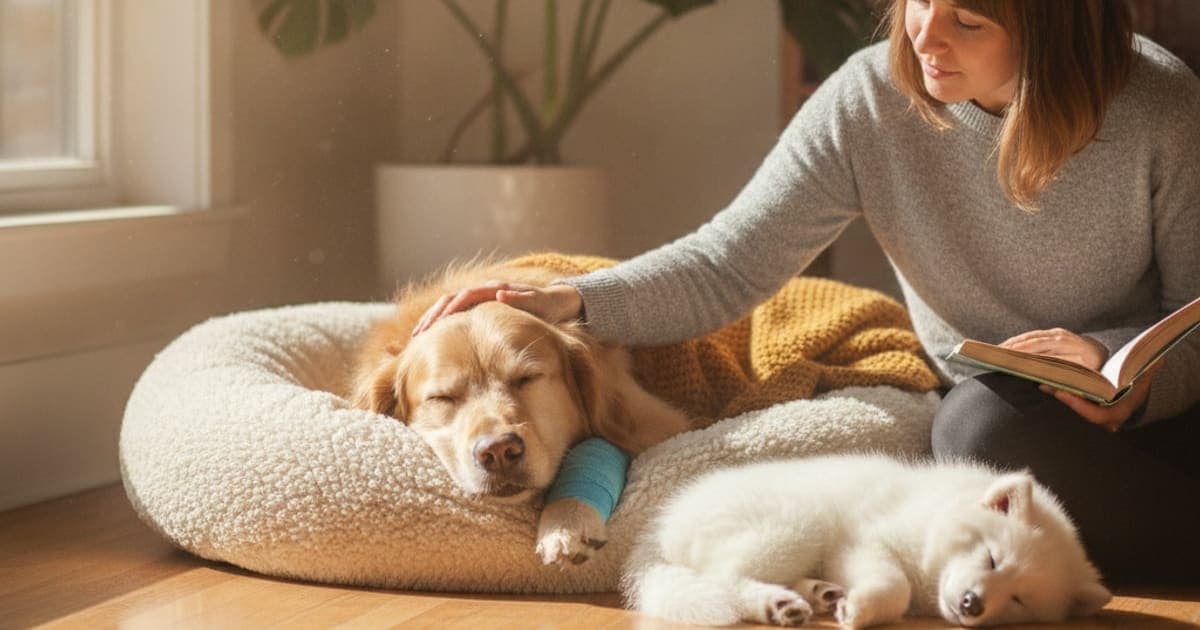 A dog being cared for at home, illustrating how long does stress fracture take to heal in dogs