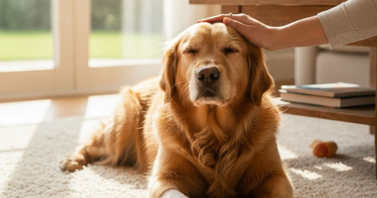 A dog being cared for at home, illustrating how long does a dog toe injury take to recover? (timeline)