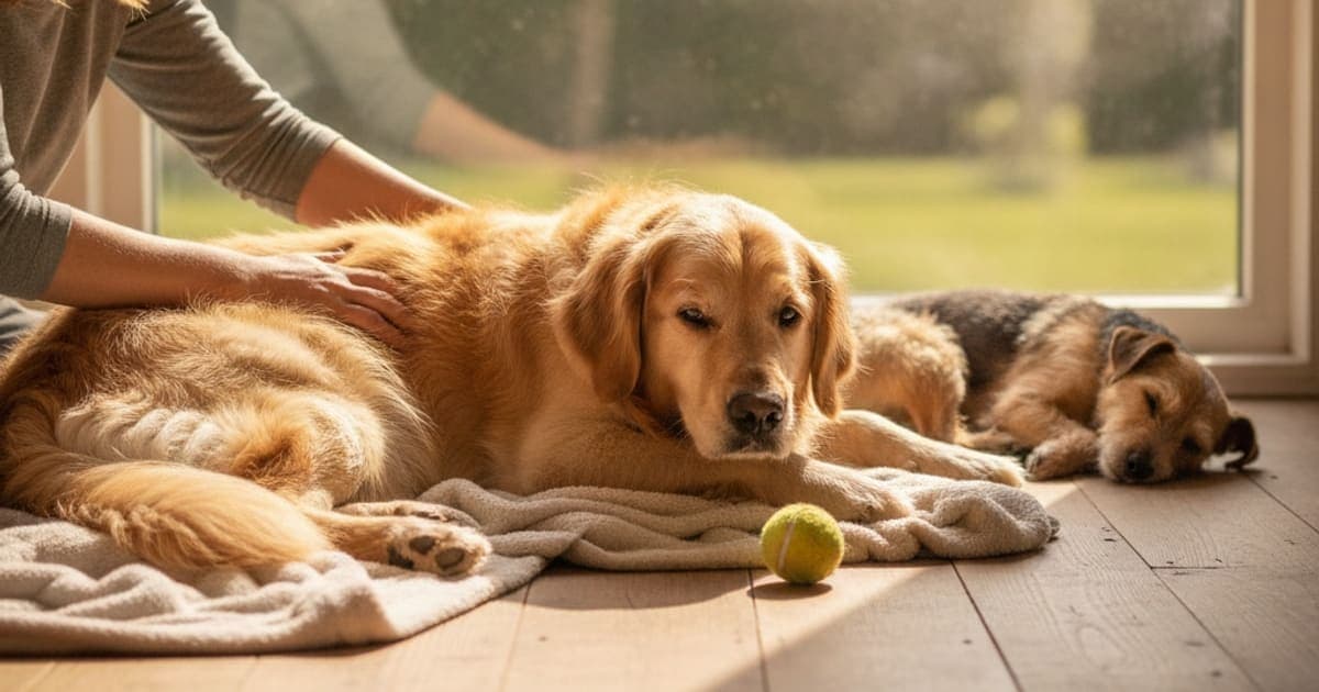 A dog being cared for at home, illustrating how long does a torn ligament take to heal in dogs
