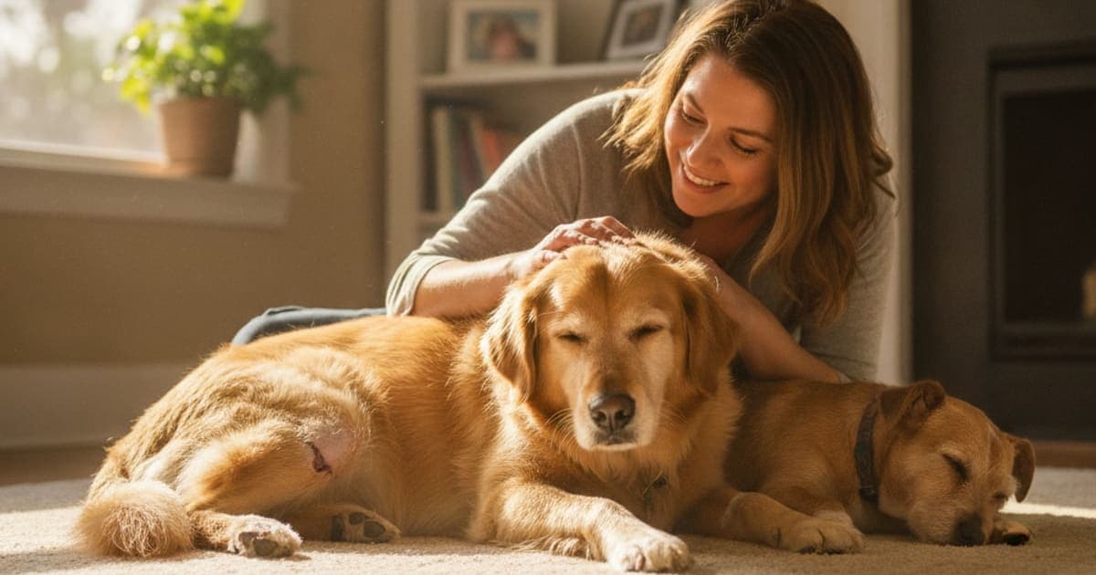 A dog being cared for at home, illustrating how long does tplo recovery take in dogs? (timeline)