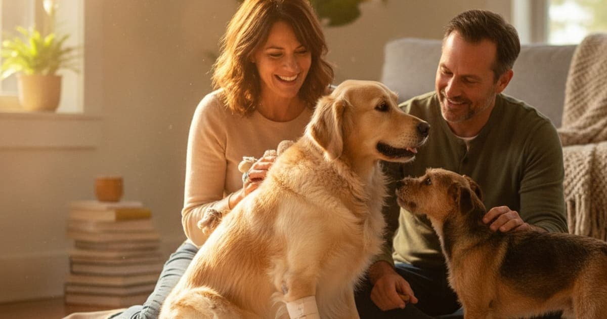 A dog being cared for at home, illustrating dog achilles tendon injury: what does treatment cost