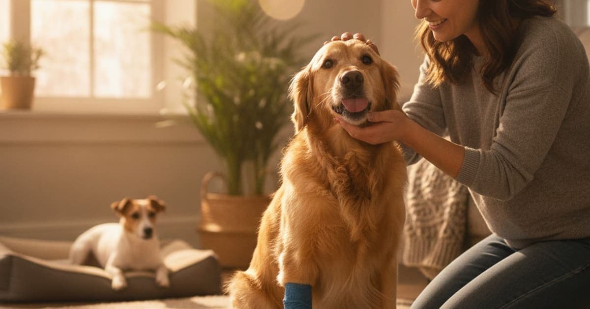 A dog being cared for at home, illustrating how much does a dog avulsion fracture cost