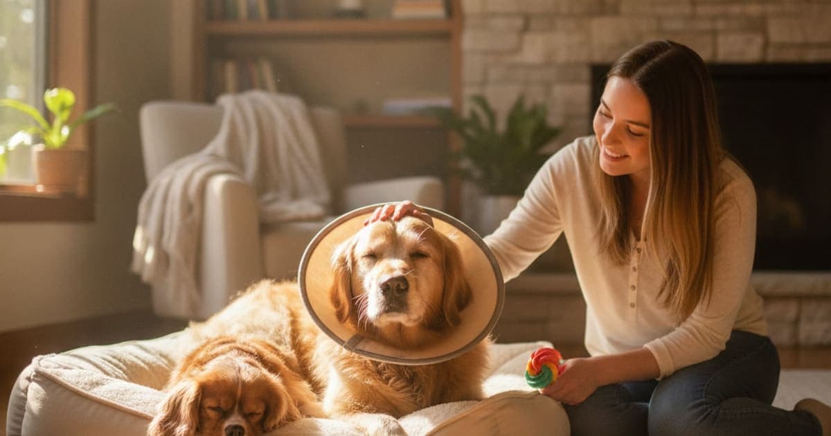 A dog being cared for at home, illustrating how much does it cost to treat fho surgery recovery in dogs