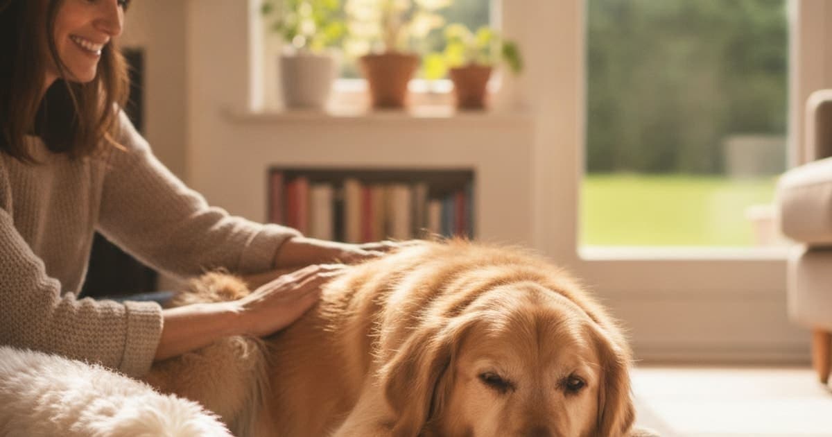A dog being cared for at home, illustrating how much does dog hip arthritis care cost? (breakdown)