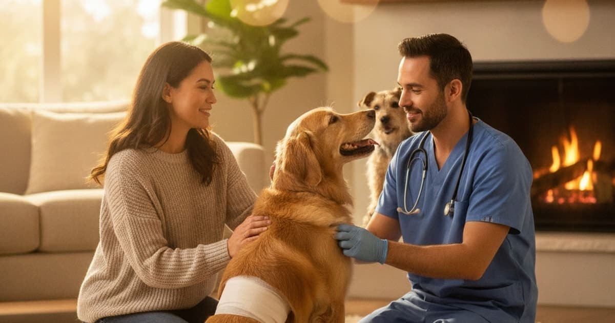 A dog being cared for at home, illustrating how much does a dog hock injury cost? (vet care)