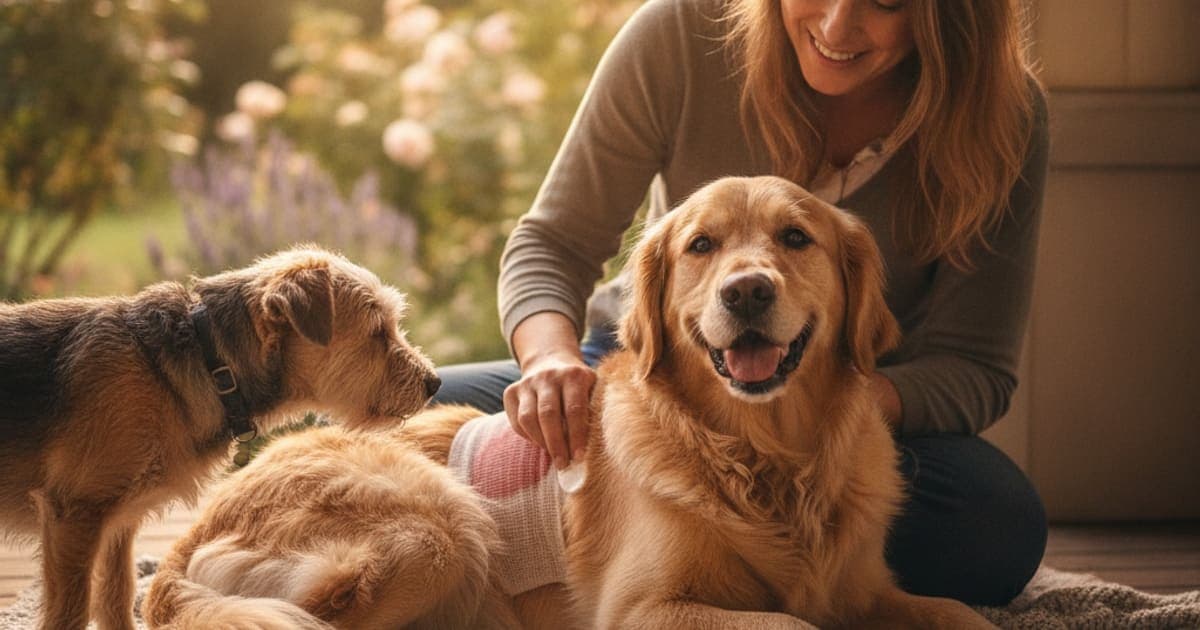 A dog being cared for at home, illustrating how much does hot spot care cost for dogs