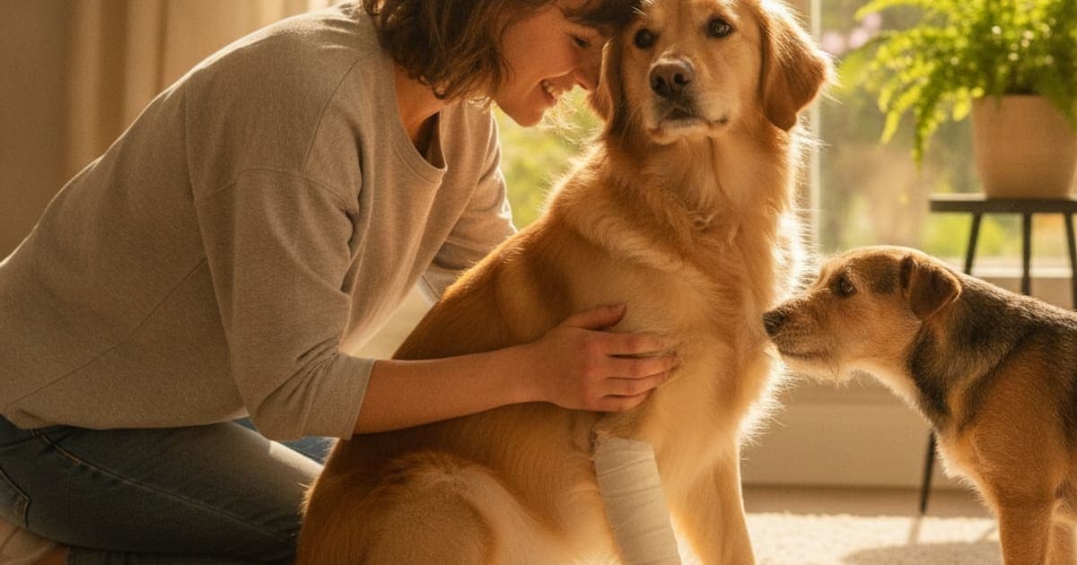 A dog being cared for at home, illustrating how much does it cost to treat partial ccl tear in dogs