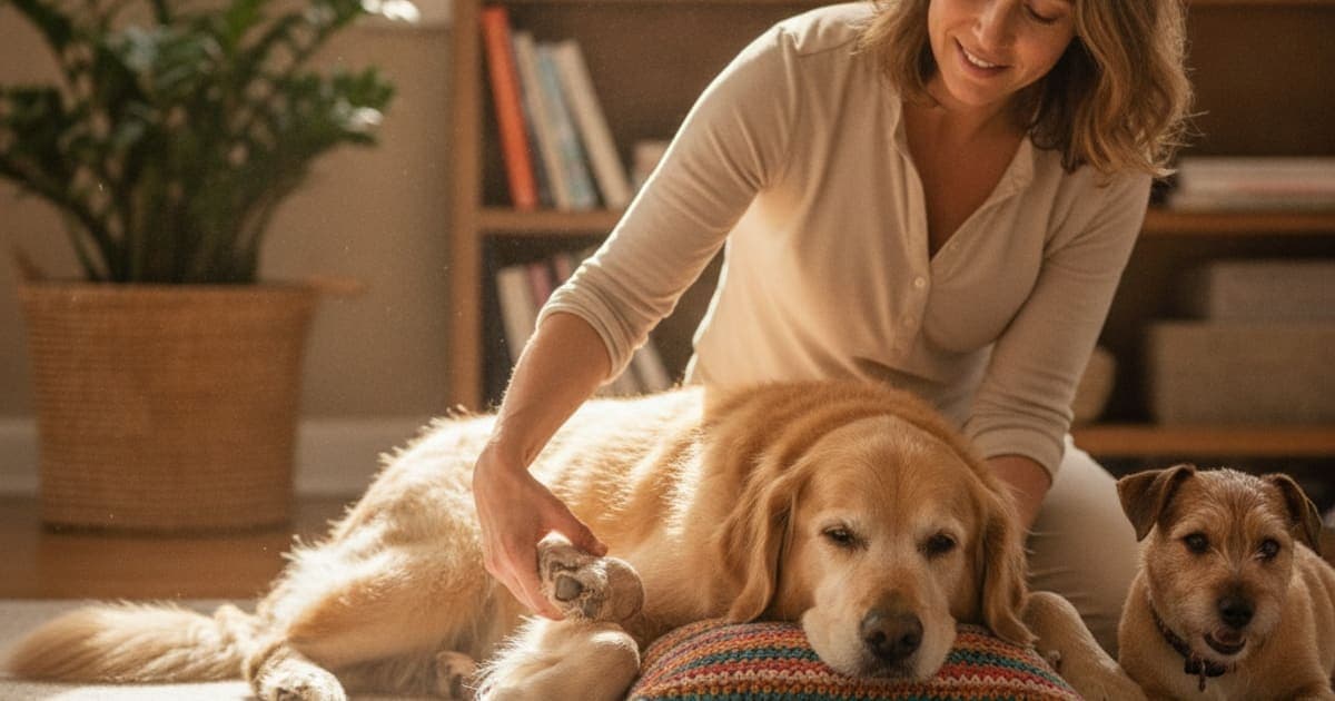 A dog being cared for at home, illustrating how much does sarcopenia in dogs cost to manage
