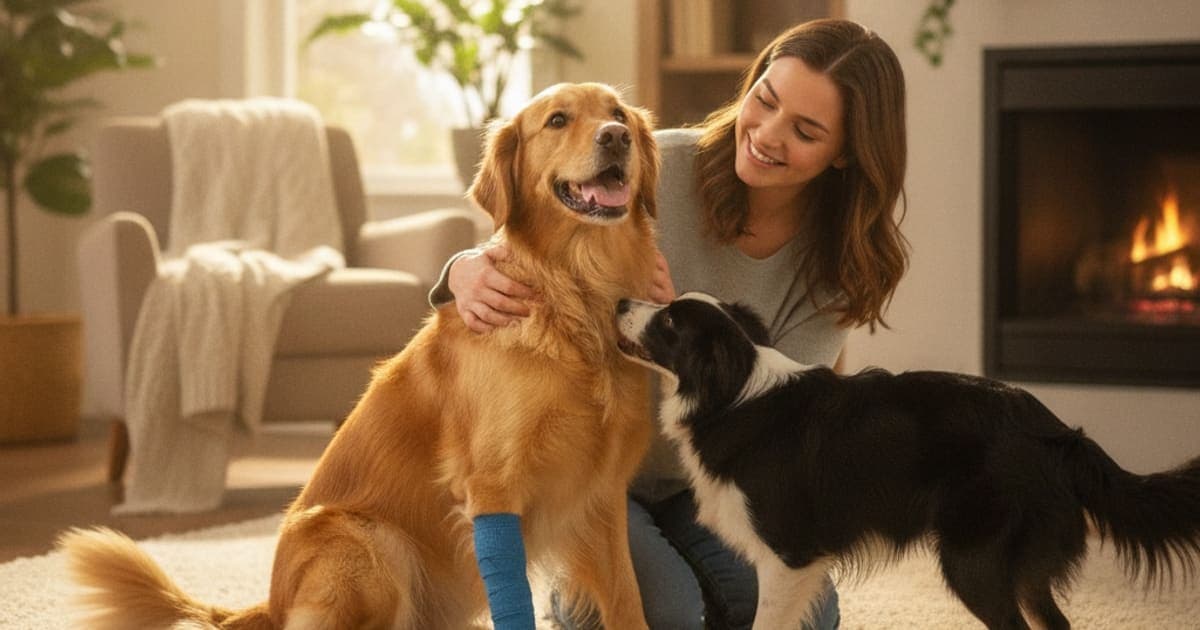 A dog being cared for at home, illustrating how much does a sprained leg in dogs cost? (vet bills)