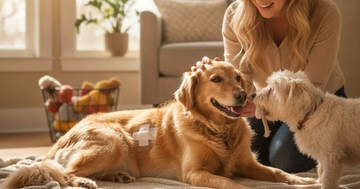 A dog being cared for at home, illustrating how much does dog surgical incision healing cost