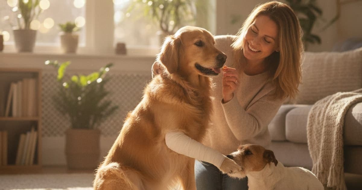 A dog being cared for at home, illustrating how much does it cost to treat tendon injury in dogs