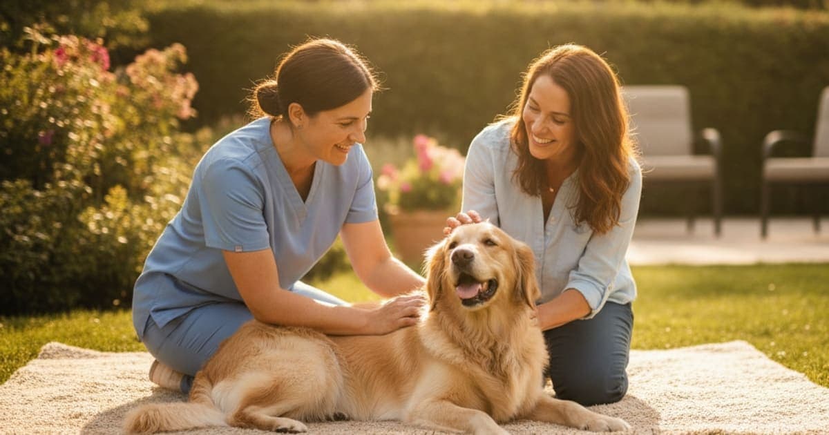 A dog being cared for at home, illustrating how much does a dog torn ligament cost? (surgery options)