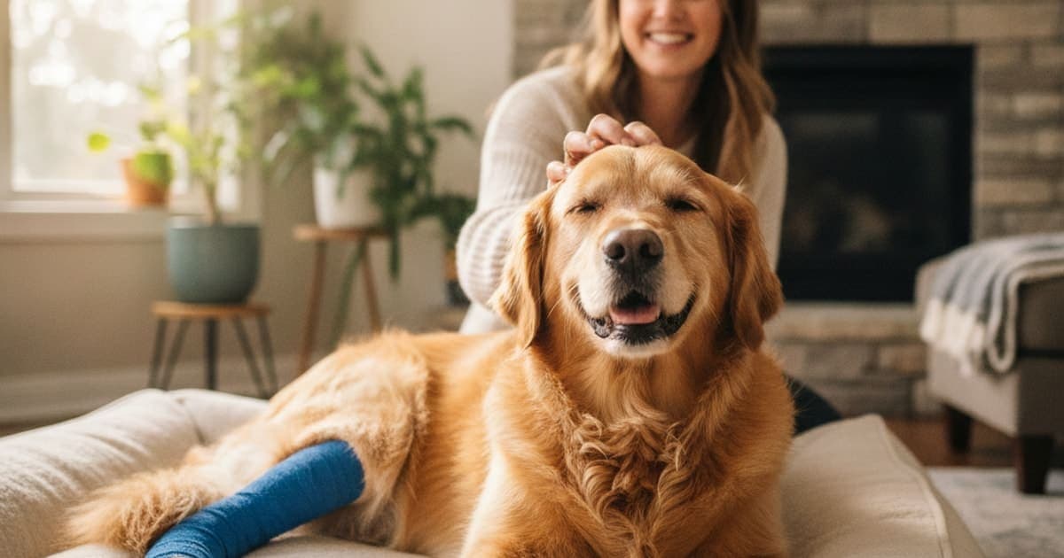 A dog being cared for at home, illustrating how much does tplo recovery cost in dogs? (breakdown)