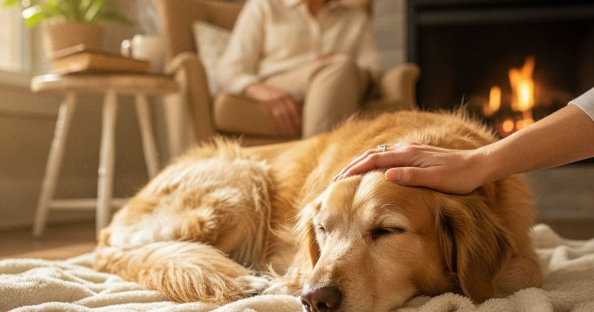 A dog being cared for at home, illustrating determine old dogs quality of life? (checklist)