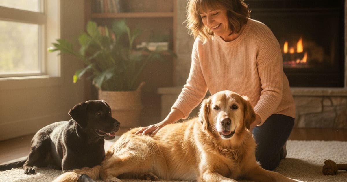 A dog being cared for at home, illustrating manage dog joint pain (at-home care options)