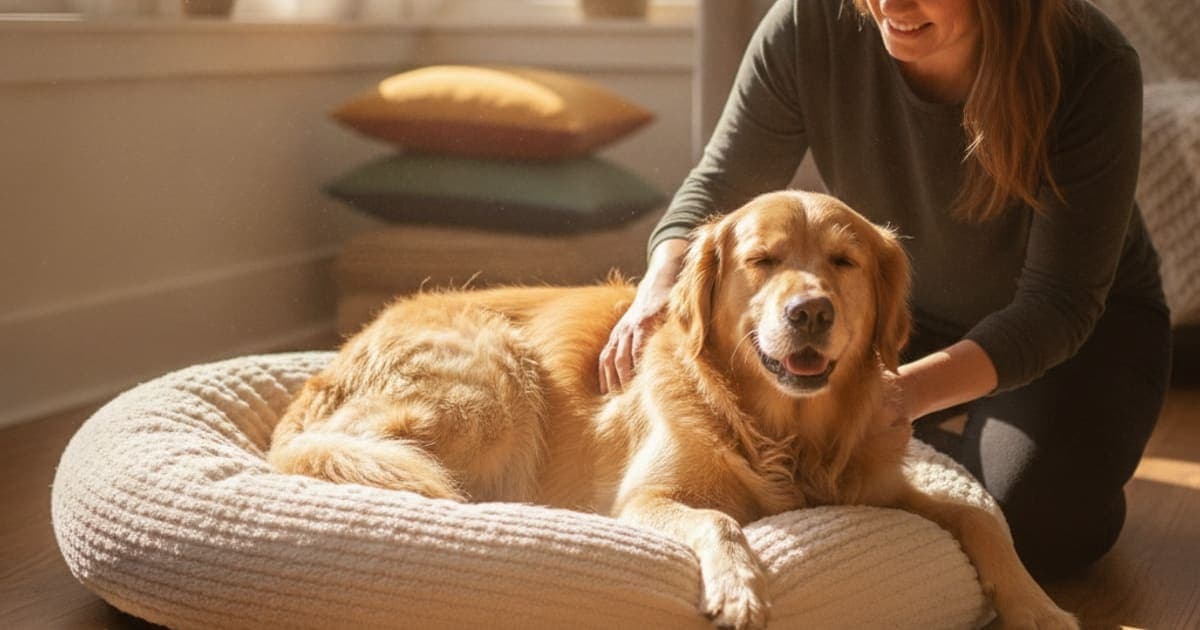 A dog being cared for at home, illustrating dog limping on a back leg? (what to do at home)