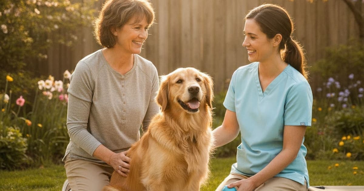 A dog being cared for at home, illustrating hip dysplasia in dogs: management and surgery options
