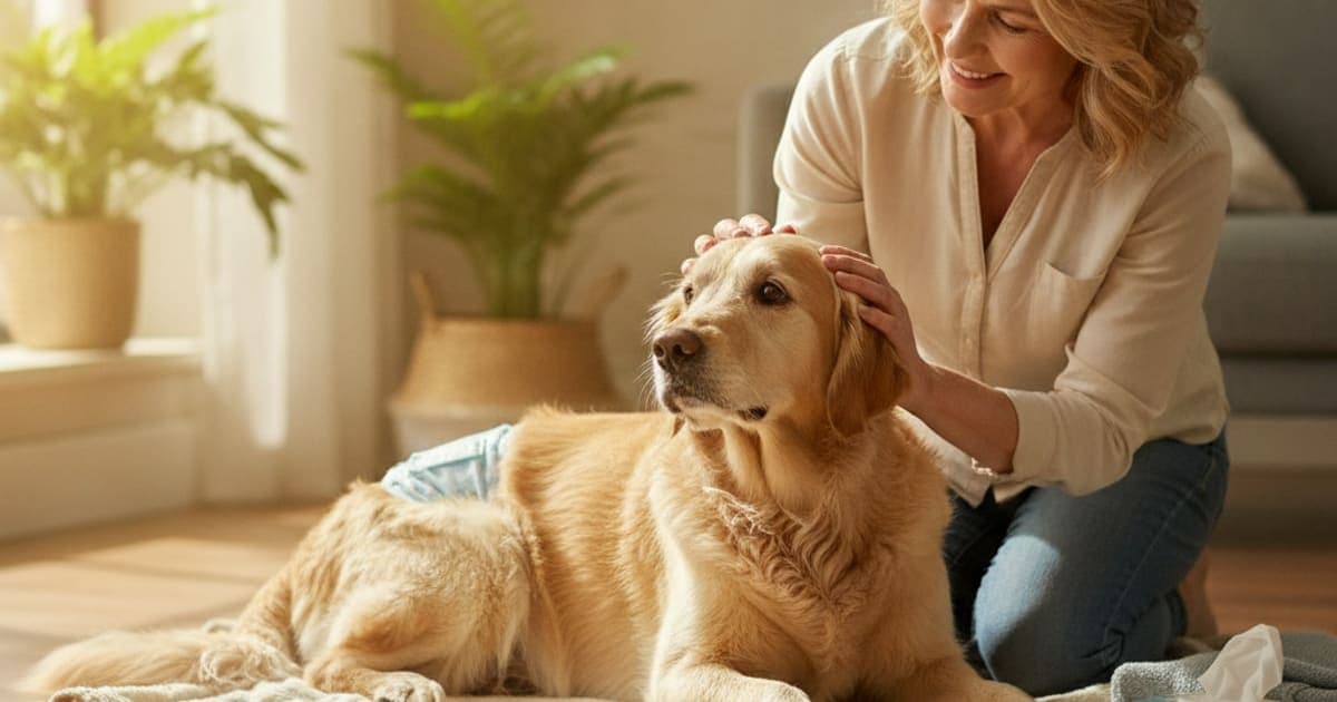 A dog being cared for at home, illustrating manage senior dog incontinence (options explained)