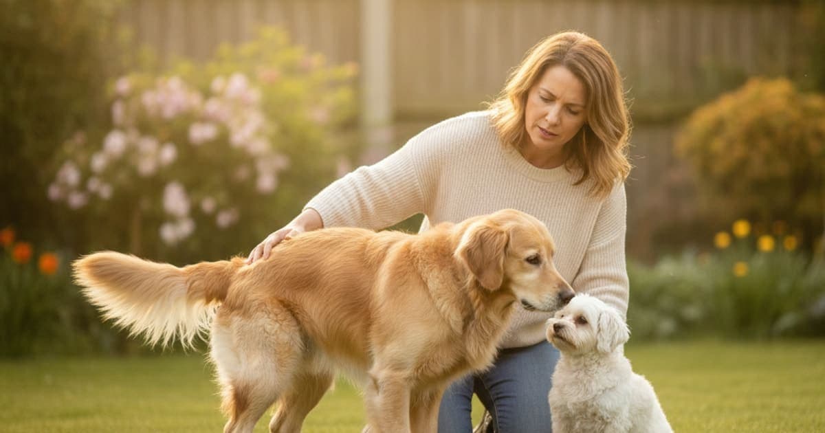 A dog being cared for at home, illustrating is a dog's difficulty posturing to poop an emergency
