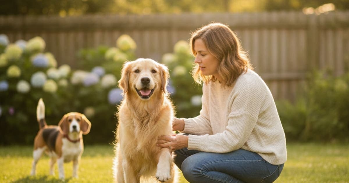 A dog being cared for at home, illustrating is a dog holding up a back leg an emergency