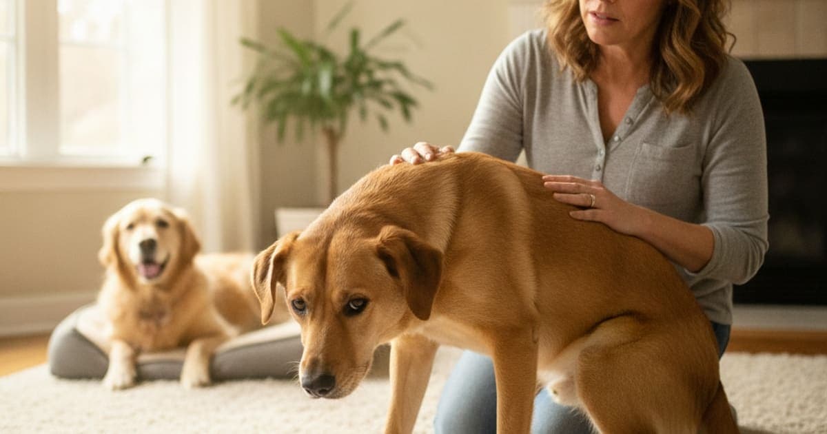 A dog being cared for at home, illustrating is a dog hunched back an emergency? (when to act)
