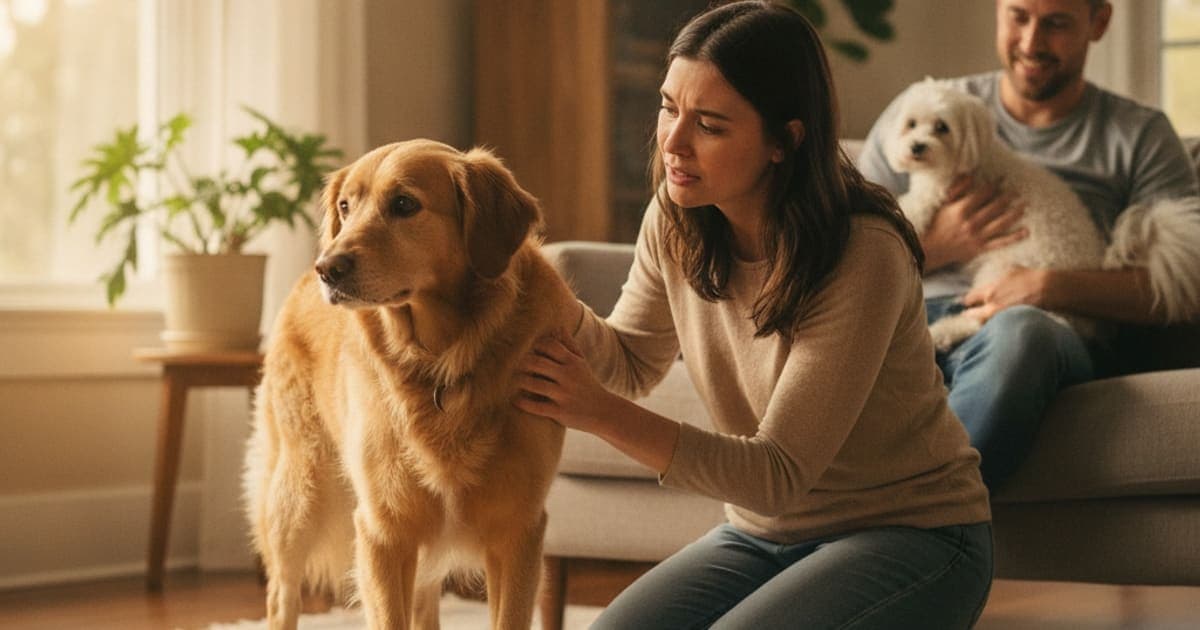 A dog being cared for at home, illustrating is a dog limping on a back leg an emergency? (red flags)