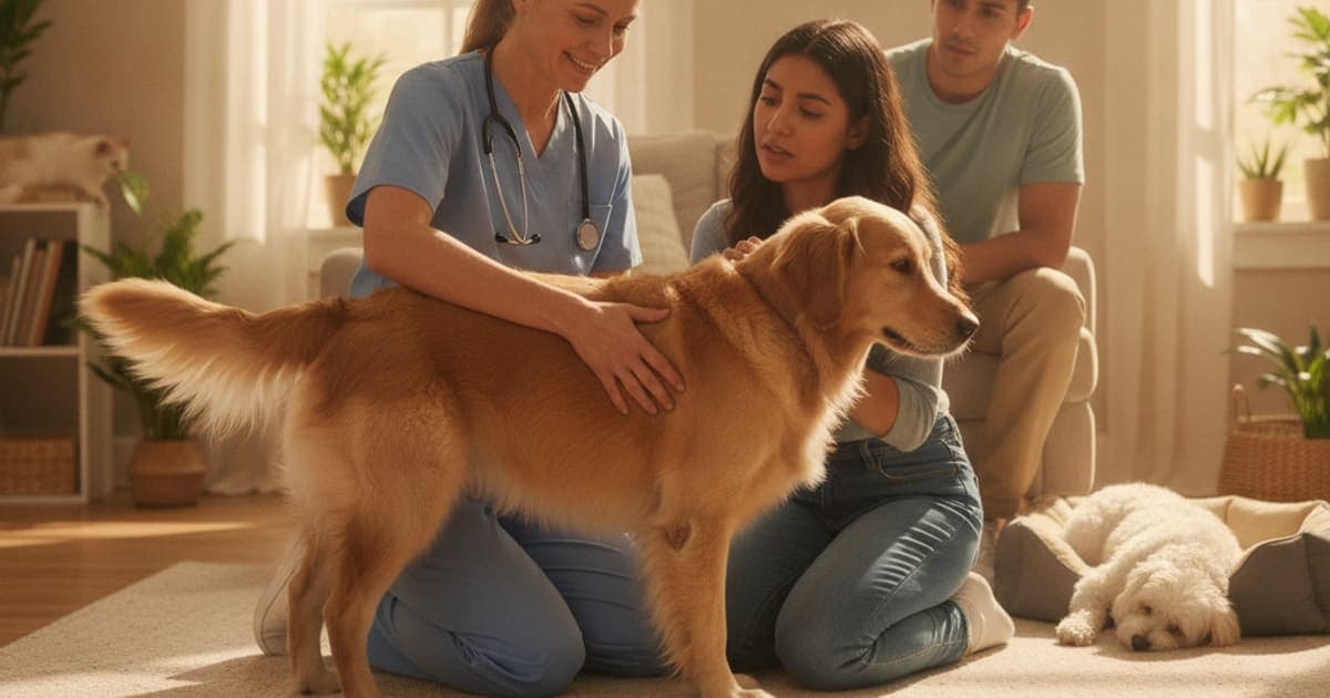A dog being cared for at home, illustrating is a dog loss of muscle in back legs an emergency
