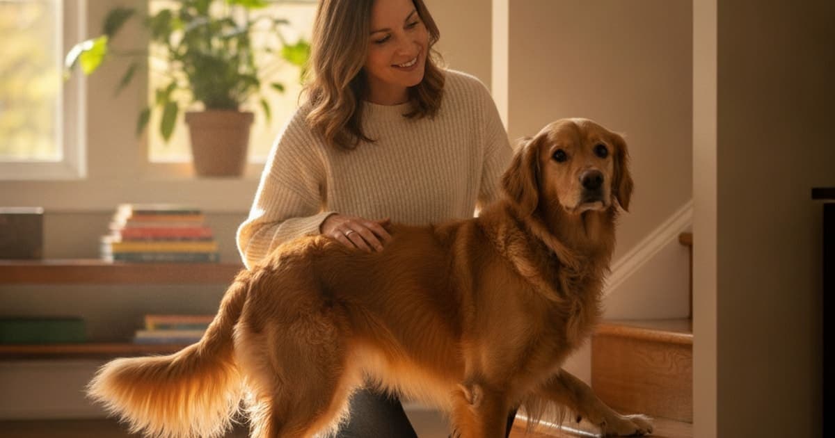 A dog being cared for at home, illustrating is a dog reluctant to go up stairs an emergency