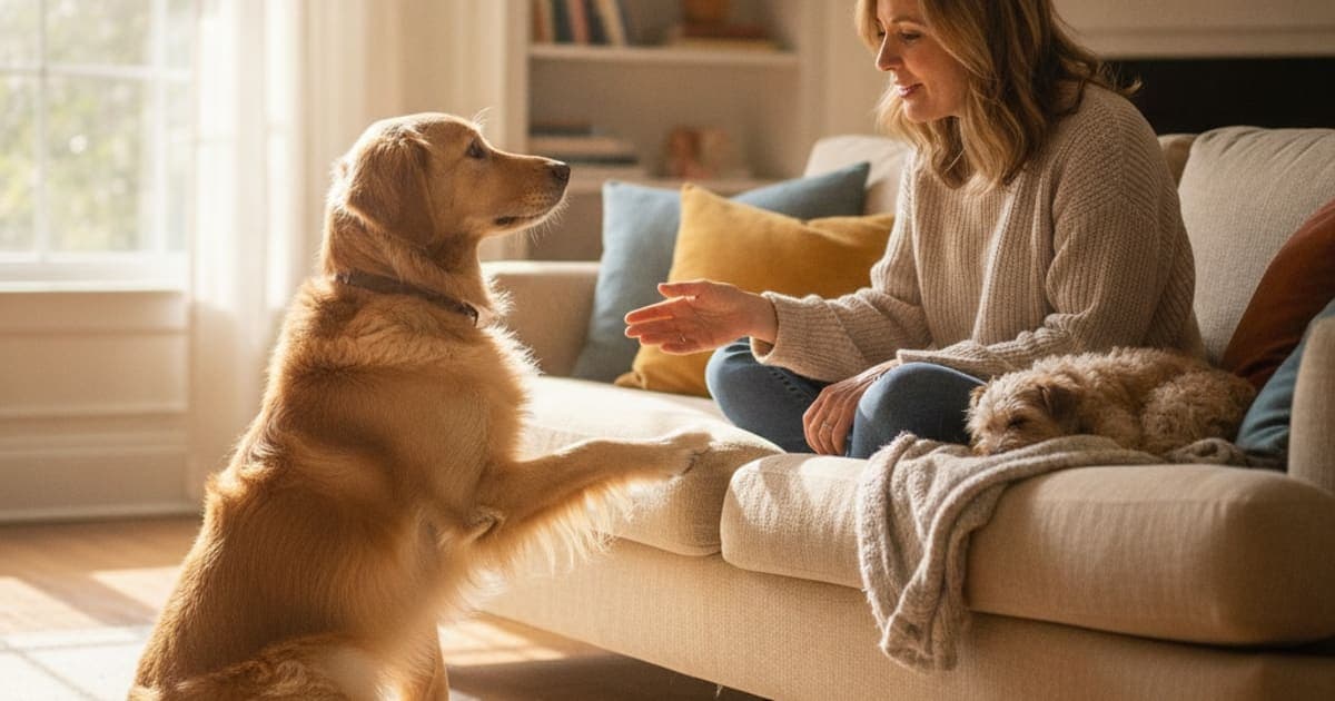 A dog being cared for at home, illustrating is a dog reluctant to jump on the couch an emergency