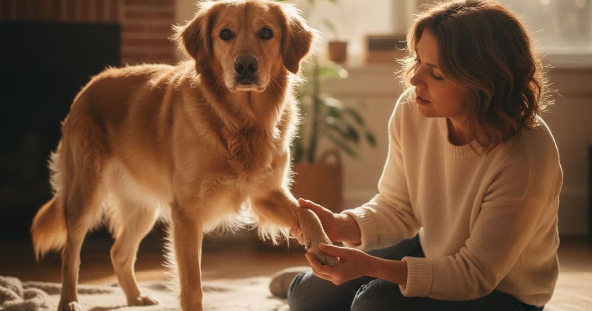 A dog being cared for at home, illustrating is a dog shaking in the back legs an emergency
